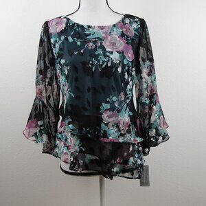 Alex Evenings Floral Top Women's Size S Multicolor Tiered 3/4 Sleeve
